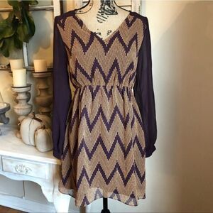 Esley Burgundy and Gold Polka Dot and Chevron Print Dress Small